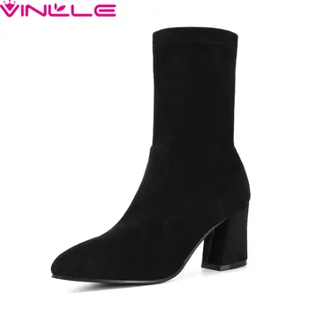 

VINLLE 2020 Fashion Women Ankle Flock Slip On Square High Heel Elegant Casual Basic Solid Fashion All Match Shoes Size 34-43
