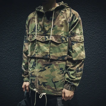 

men jacket Spring and Autumn Hooded Camouflage Workwear Jacket Loose multi-pocket casual jacket Trendy all-match top