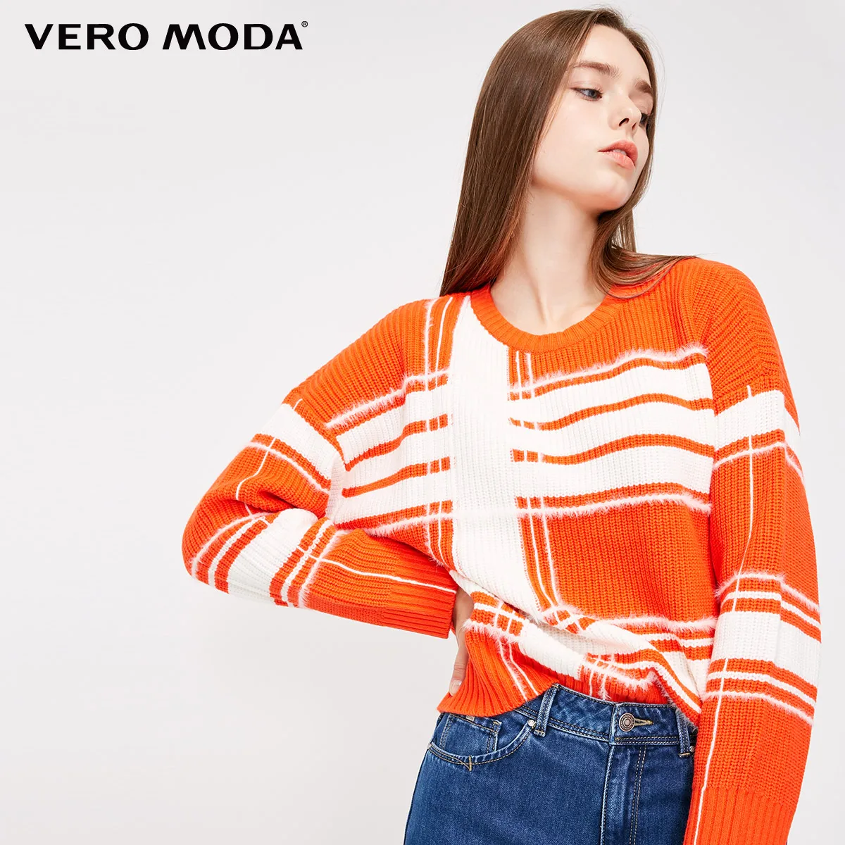 Vero Moda женский свитер в полоску с круглым воротником на осень и зиму | 318413593 - Цвет: Outrageous orange