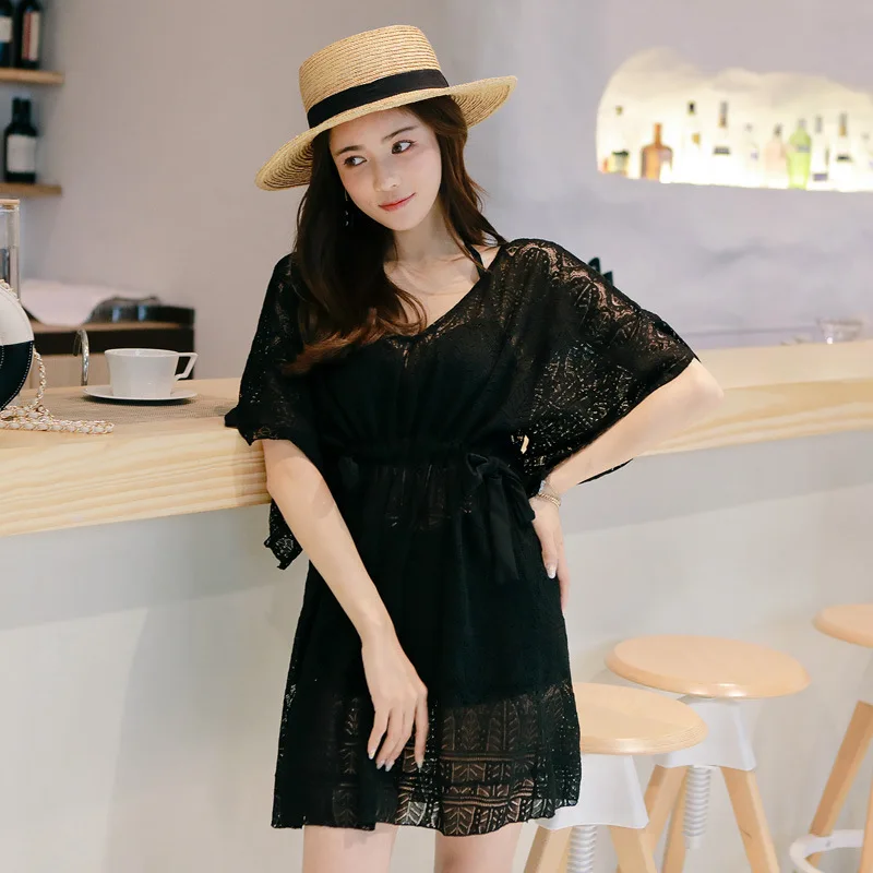 

Japanese Korean New Style Bathing Suit Women's Large Size Three-piece Set Underwire Push up Gauze Blouse Hipster Holiday Seaside