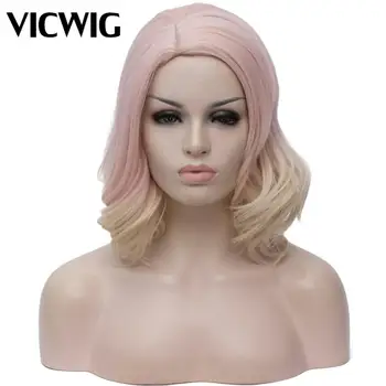 

Cosplay Wigs with Bangs Short Ombre Pink Orange for Women Side Part Heat Resistant Fiber Synthetic Curly Hair