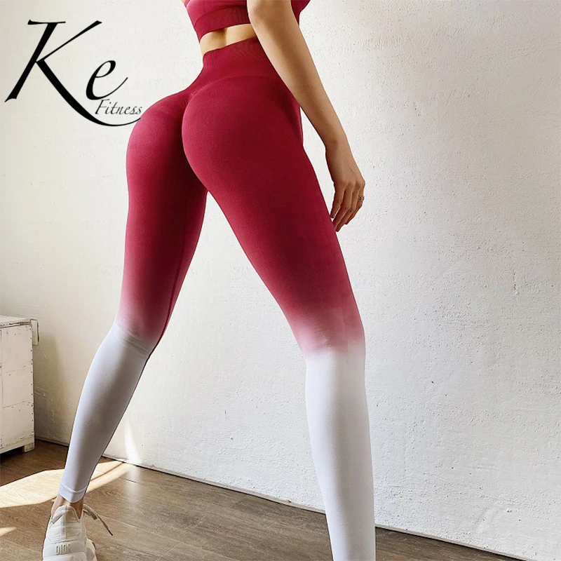 Ke net red gradient color peach hip fitness nylon pants women's quick-drying knitted leggings stretch yoga |