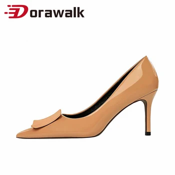 

8 cm High Thin Heels Women Pumps Stilettos Solid Color Square Buckle Slender Patent Leather Casual Office Party Wedding Shoes