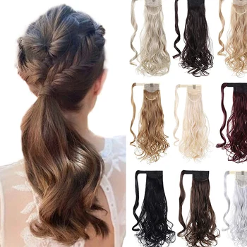 

22 inch Long Wave Ponytail Wrap Around Ponytail Clip in Hair Extensions Natural Hairpiece Headwear Synthetic Hair Brown Gray