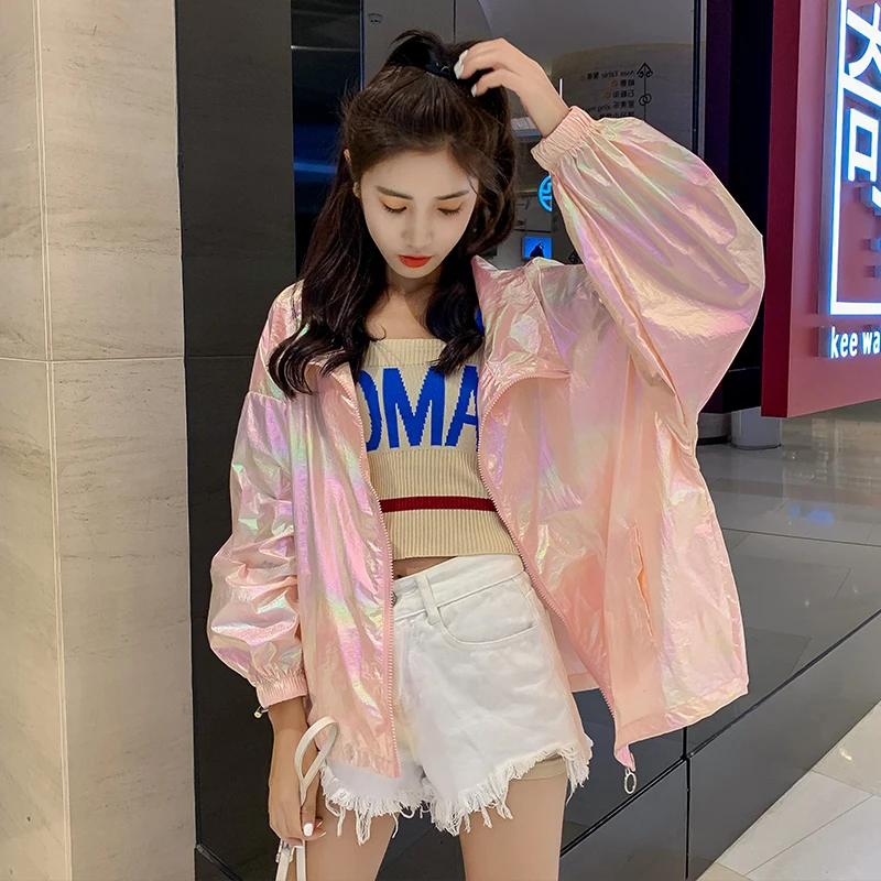 YUANYUANJYCO summer thin woman jacket reflective colorful with a zipper long sleeve fashion white pink jackets for women coats