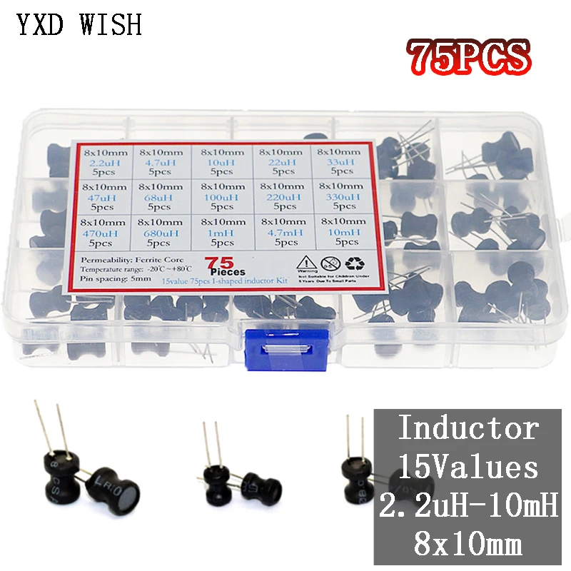 75pcs/box 2.2uh10mh Inductor Set 15values X 5pcs 8*10mm Choke