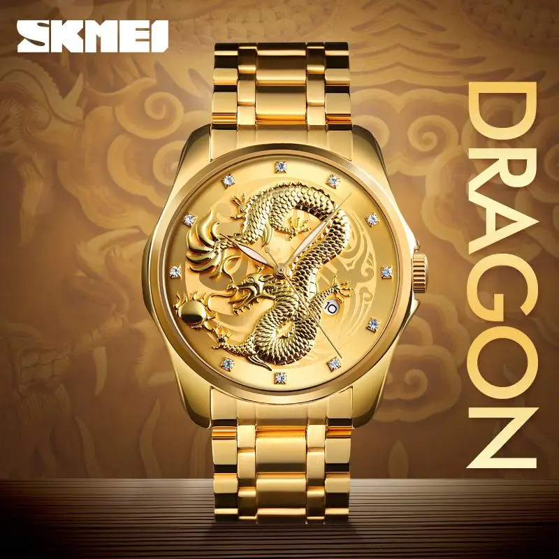 Top Brand SKMEI Mens Watches Luxury Gold Quartz Men Watch 3Bar Waterproof Stainless Steel Strap Date Display Wristwatches 9193
