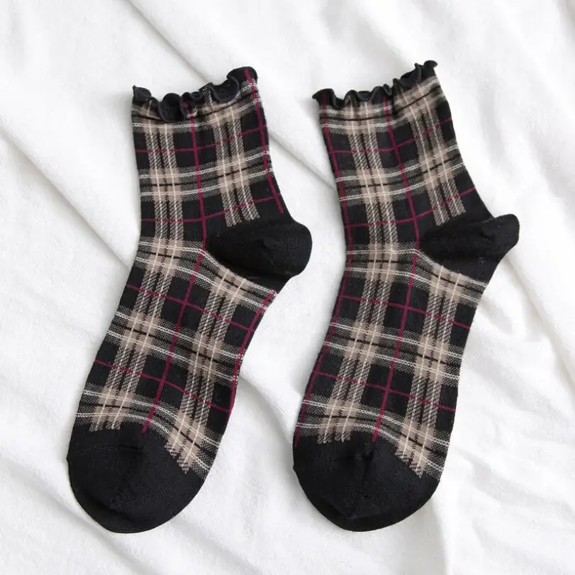 Женские однотонные хлопковые носки в клетку; носки в складку с манжетами; зимние носки для девочек; короткие носки; черные, белые клетчатые носки; 5 пар/лот - Цвет: Синий