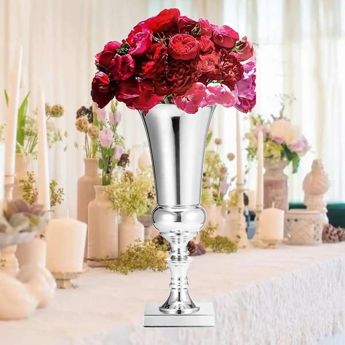 

43cm Plated silver Iron Vase decoration home wedding Flower Pots Party Table Centrepiece Decor Luxury Flower Vase Gift