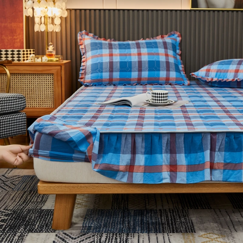 Plaid Thick Quilted Mattress Cover Bed Fitted Sheet Home Textile Bedspread with Ruffles Full Queen King Size Bedding | Дом и сад
