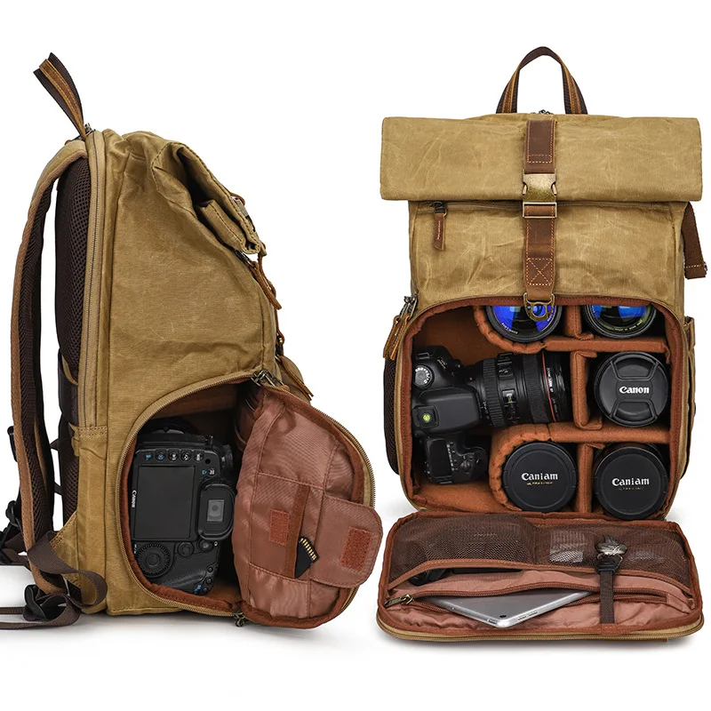 Retro à Prova Mochila de Couro Bolsa da Câmera para Canon Fotografia Dbatiágua Batik Lona Apto 15.4 Polegada Portátil Nikon Dslr - Image 2