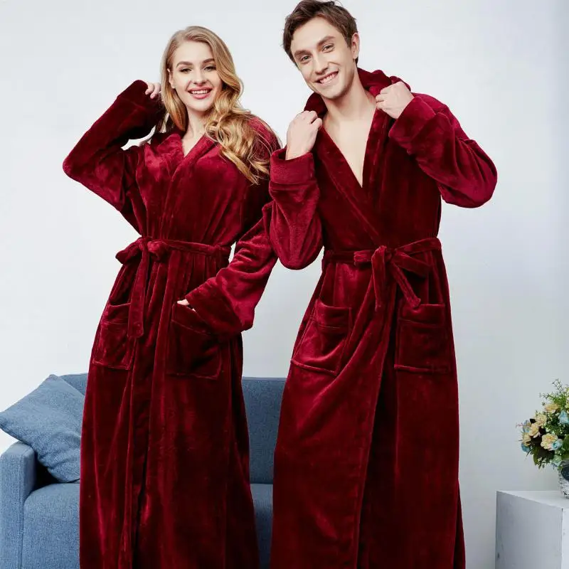 Couple Autumn Winter Long Robe Sleepwear Thick Flannel Hooded Bathrobe Nightgown Warm Coral Fleece Nightdress Plus Size Homewear