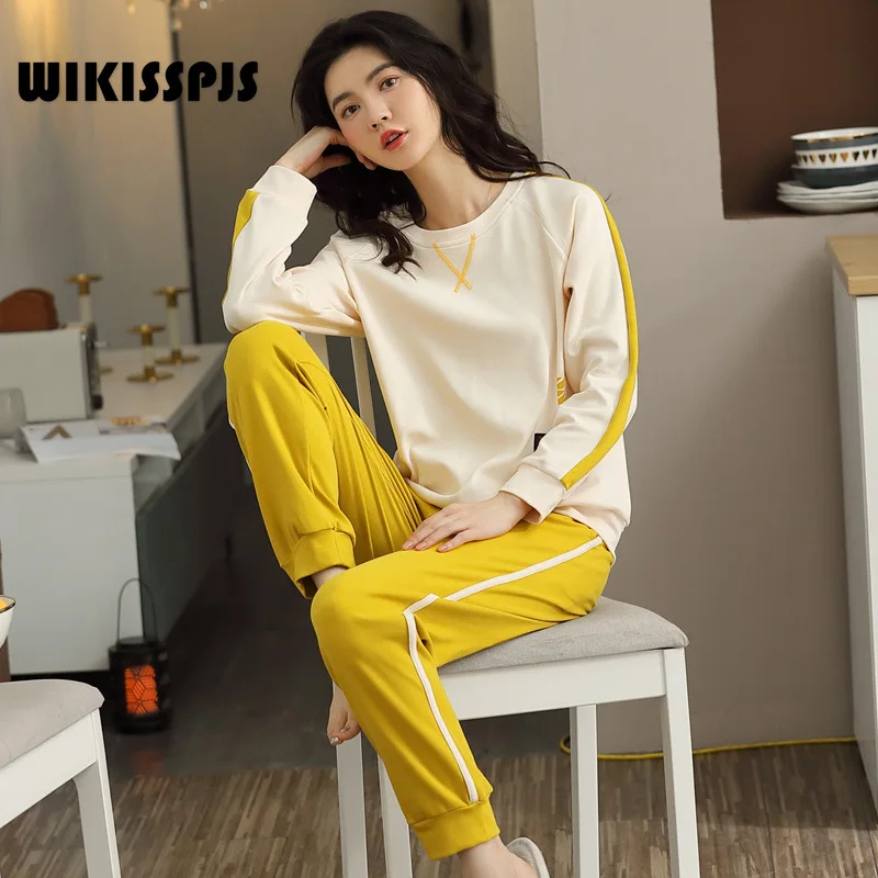 

WIKISSPJS Spring Autumn Long Sleeved Trousers Round Neck Pullover Youth Cotton Home Clothes Two Piece Suit Pajamas Women