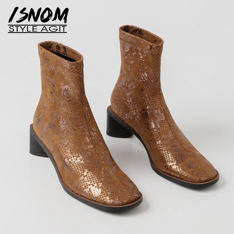 Botas de piel de serpiente con estampado de ISNOM botines de tobillo para  mujer Zapatos de tacón grueso con punta cuadrada para mujer zapatos  elásticos para mujer primavera 2020 nuevo|Botas hasta el