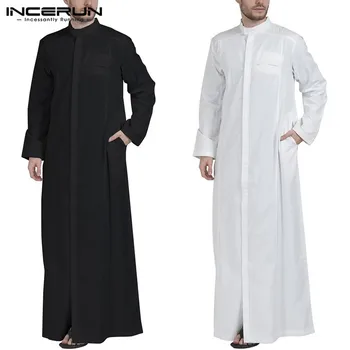 

INCERUN Men Jubba Thobe Muslim Clothes Solid Stand Collar Long Sleeve Retro Abaya Saudi Arabia Mens Islamic Arabic Kaftan Robes