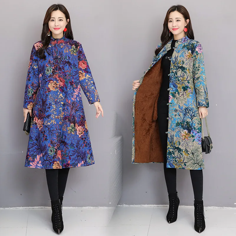 Photo Shoot Autumn And Winter New Style Large Size Retro Printed Cotton Linen Brushed And Thick Frog Hat Mid-length Coat