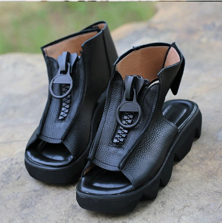 Женские кожаные сандалии; кроссовки на танкетке; летние сандалии в стиле ретро; женские сандалии ручной работы из натуральной кожи; черные повседневные ботинки