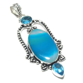 

Genuine Botswana Agate + Blue Topaz Pendant Silver Overlay over Copper , Hand made Women Jewelry gift