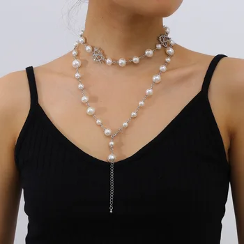 

jewelry personality joker hollow-out microscope sautoir long cool temperament imitation pearl heart-shaped necklace