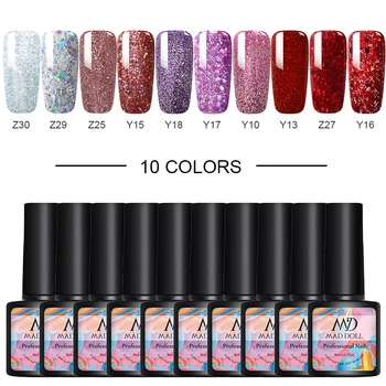 

MAD DOLL10 Pcs/Set Glitter Color Nail Gel Polish Set LED Semi Permanent UV Lamp Top Base Coat Soak Off Nail Art Set