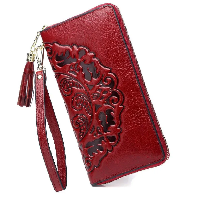 

Leather Wallet Woman Long Cowhide Retro Embossed Zipper Multi-card Wallet