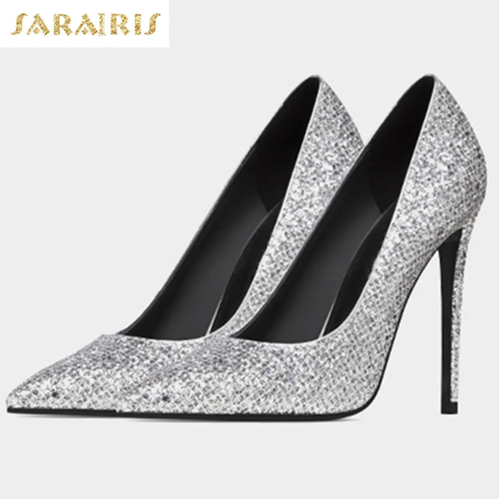 

Sarairis 2020 New Fashion Sequined Cloth Bling Pumps Woman Shoes Super Thin High Heels Pointed Toe Slip-On Party Pumps Women