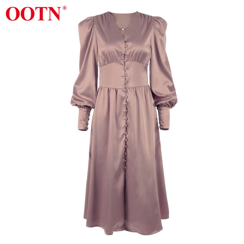 OOTN Beige Single Breasted Sexy Dress Party Clud High Waist Satin Long Dress Elegant V Neck Women Midi Dresses Lantern Sleeve