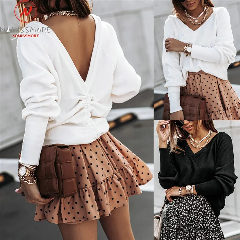 Женская футболка с V-образным вырезом длинным рукавом и открытой спиной | одежда