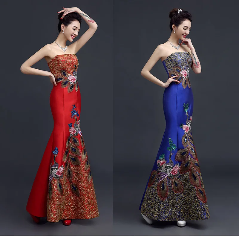 

2019 Wedding Dress Tube Top Backless Evening Gown Fishtail Skirt Long Embroidered Gauze Multi-color Banquet Bridesmaid Dress Hig
