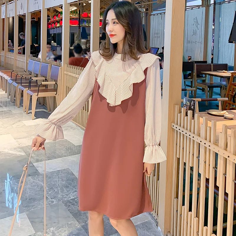 

Pregnant Women Dress Autumn Clothing 2019 Maternity Clothes Mock Two-Piece Stripes Joint New Style Maternity Dress