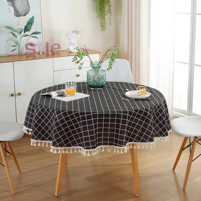 Proud Rose Japanese Style Tablecloth Simple Cotton Linen Tablecloth Round Plain Solid Color Light Gray Navy Blue Tassel Meal Cov Style 9