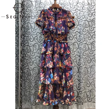 

SEQINYY Runway Chiffon Dress 2020 Summer Spring New Fashion Design Holiday Short Sleeve Cascading Ruffles Vintage Flowers Print