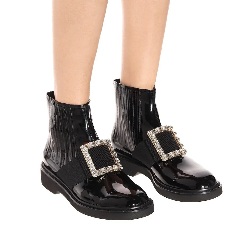 

Diamond Chelsea Women Boots Elastic Spring Autumn Women Ankle Boots Round Toe Thick Bottom Ladies Shoes Black Booties