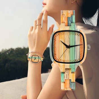 

Unique Colorful Wood Watch Women's Watch Fashion Color Stitching Bamboo Wooden Quartz Top Luxury Wristwatches for Ladies Girls