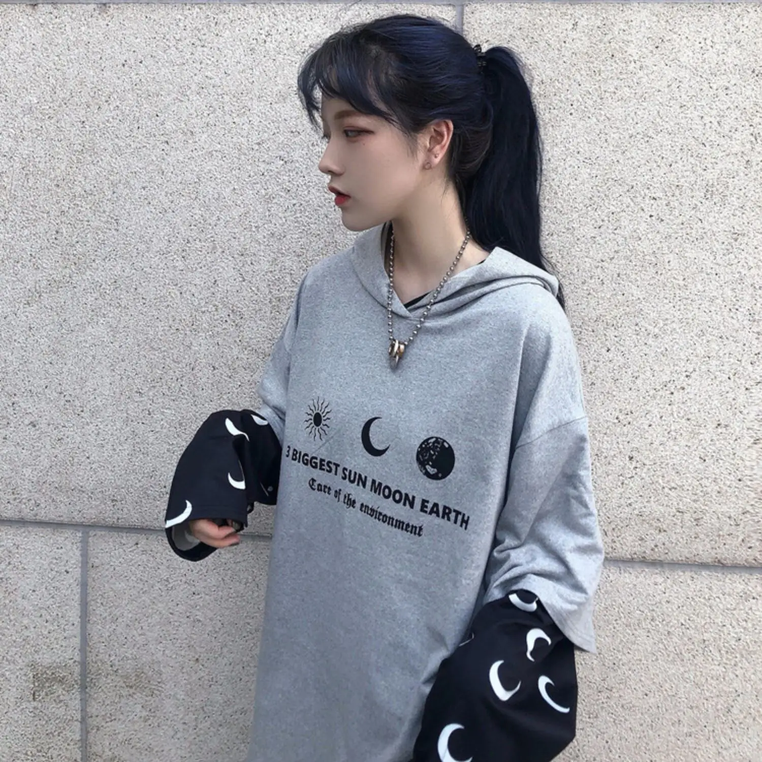 Harajuku уличная Винтажная Футболка для женщин, одежда, осень, корейский Ulzzang, с принтом, с капюшоном, Футболки женские, полный поддельные два