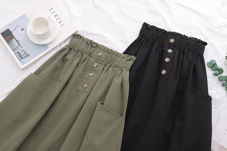Faldas mujer moda jupe femme женская осенне-Весенняя японская стильная длинная армейская зеленая черная однотонная трапециевидная юбка