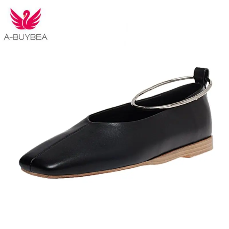 

New Spring Comfortable Square Toe Women's Flats size 34-39 Split Cow Leather Solid Slip-On Metal Decoration Women Shoes