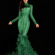 Зеленое платье с перьями, стразы, женское платье на день рождения, длинное платье для вечеринки, женское сексуальное платье певицы