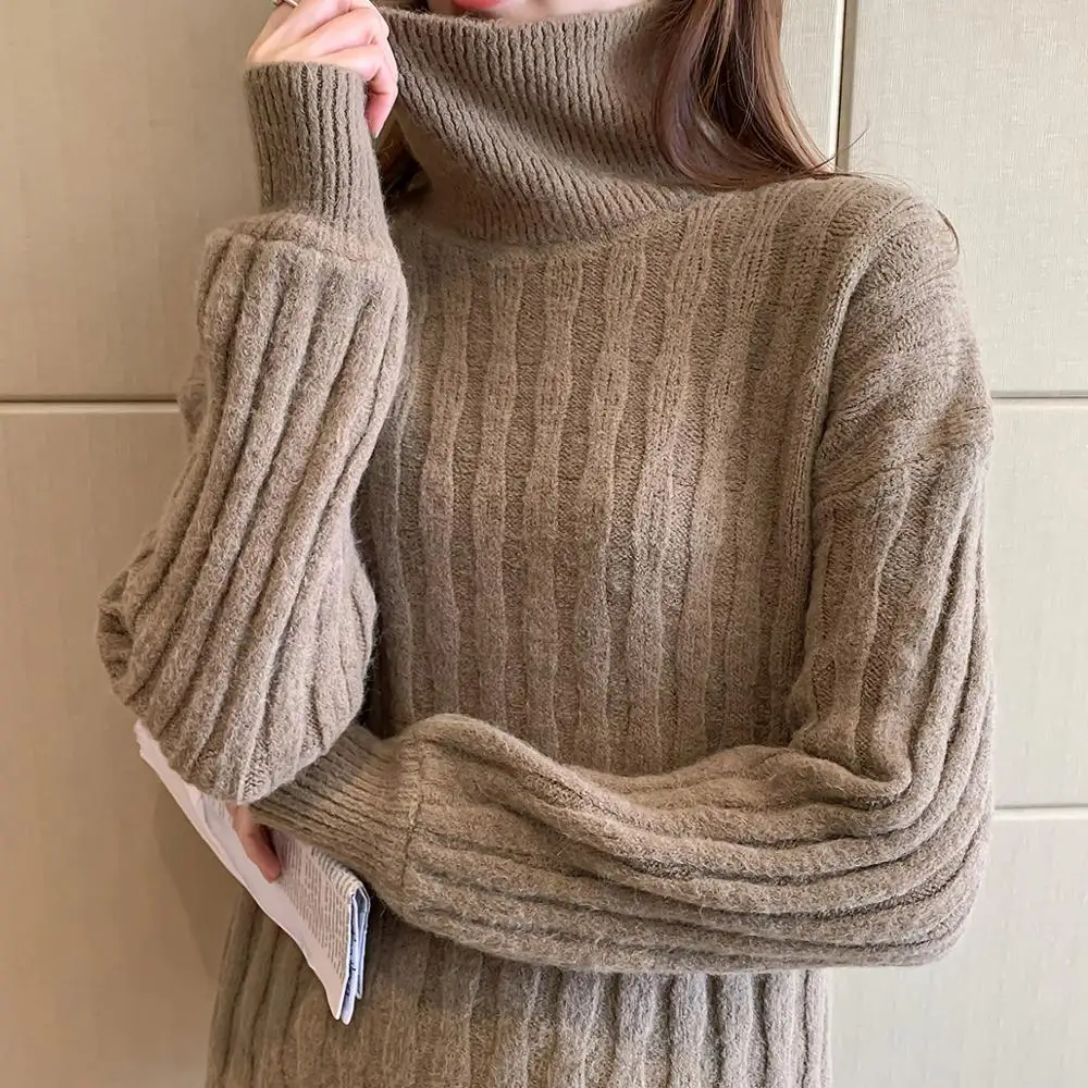 

Pullover 2020 Autumn Winter Warm Women Knitted Foldover Turtleneck Sweater Casual Loose Jumper Female Pull Clothing Coat 2020