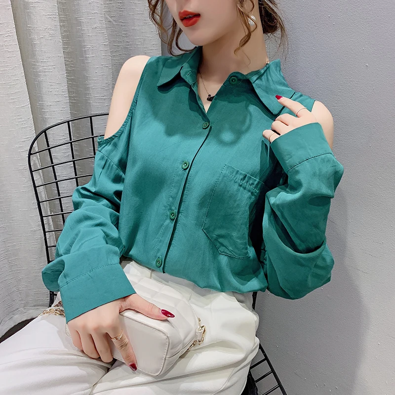 

Tencel cotton off-shoulder solid color blouse 2020 autumn design feel loose and thin long - sleeved shirt and comfortable S - XL