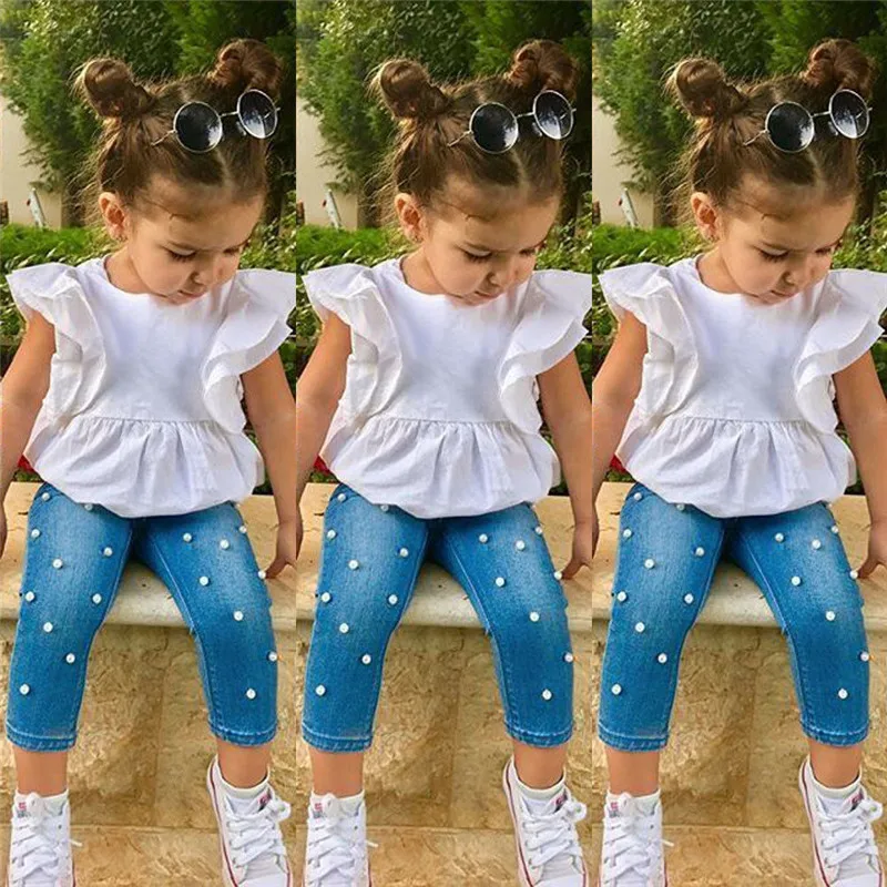 Kids Girl Clothes Sets Ruffle Sleeveless Top Dress Pearl Denim Pants