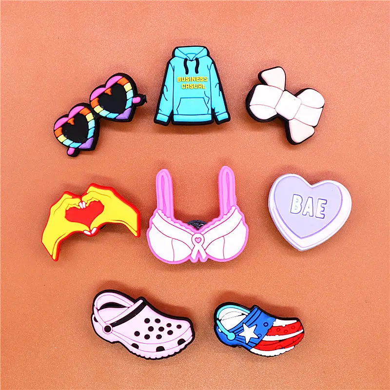 1pcs Blue Hoodie Shoe Charms Heart Shaped Glasses Sandals Bra Bow Shoes Accessories Decoration Fit Croc Jibz Party Kids Gift