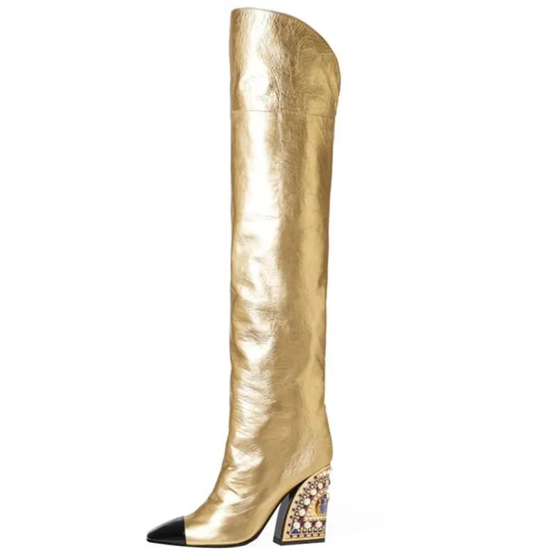 Осенне-зимние новые кожаные золотистые модные сапоги Bota Feminina Новое поступление