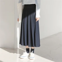 

Harajuku Style Blue Pleated Long Skirt Women 2022 Spring Autumn School Girls A-line High Waist Mid-Length Skirt SXHBSQ643