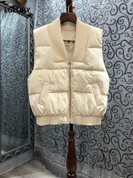 

2020 Autumn Winter Fashion Down Parkas Women Duck Down Padded Pocket Patchwork Casual Sleeveless Parka Jackets Ladies Basic Coat