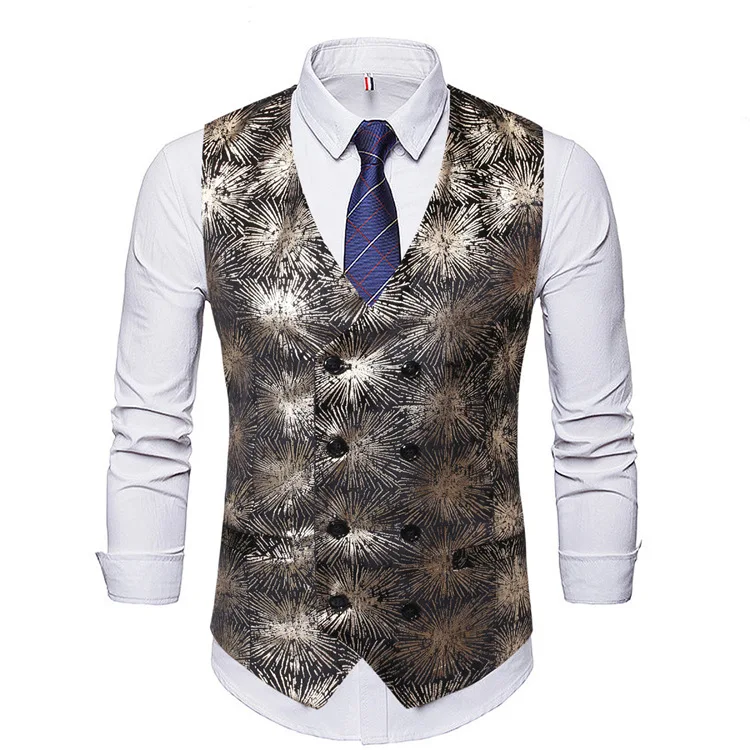 

New Suit Vest Men's Bronzing Printed Casual Double-breasted Slim Vest Suit