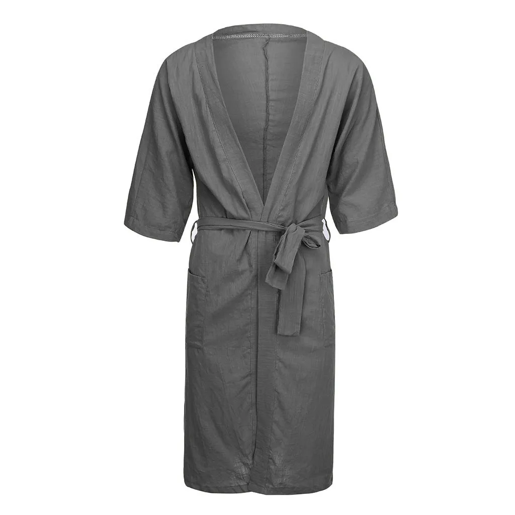 Мужская льняная Пижама с коротким рукавом, халат, длинный банный халат с длинным рукавом, мужской домашний однотонный плотный халат 8,7