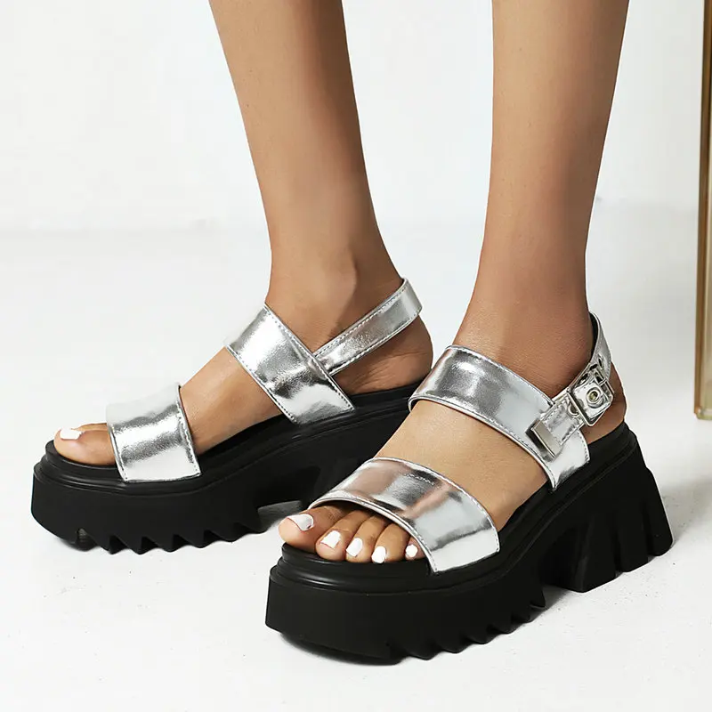 

Sliver Black Women Platform shoes Fashion Buckle Summer Open Toe Women Sandals Comfort Thick Heel Dress Sandals Women's Shoes