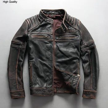 

FLY genuine leather jacket men Vintage slim fit real leather coat cowskin stand-down collar men'smotorcycle biker jacket