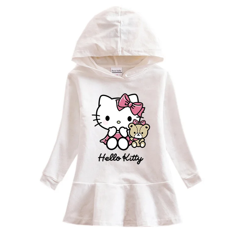 thumbnail image 1 of Hello Kitty primavera y otoño nuevos niños vestido suéter con capucha niña lindo dibujos animados dulce señora falda bebé algodón vestido cómodo, 1 of 5
